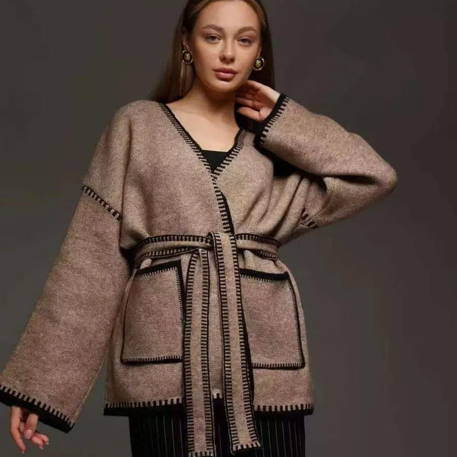 Lace-up front knitted cardigan in imitation cashmere fabric available in black, camel and white colours
