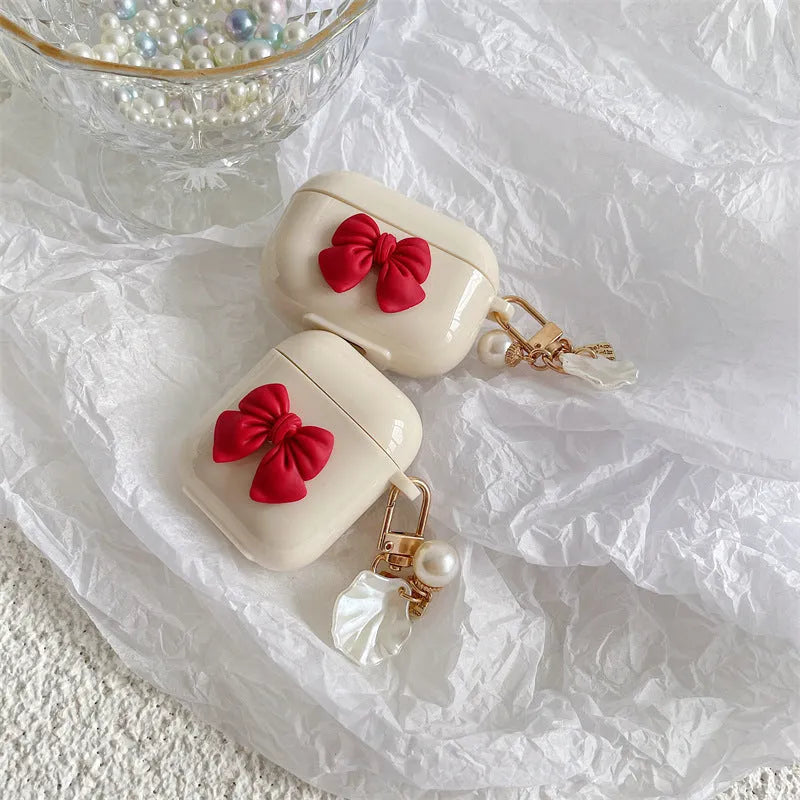 Beige red bow shell TPU protective case for AirPods Pro wireless earphones with clamshell opening