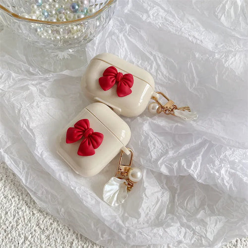 Beige red bow shell TPU protective case for AirPods Pro wireless earphones with clamshell opening