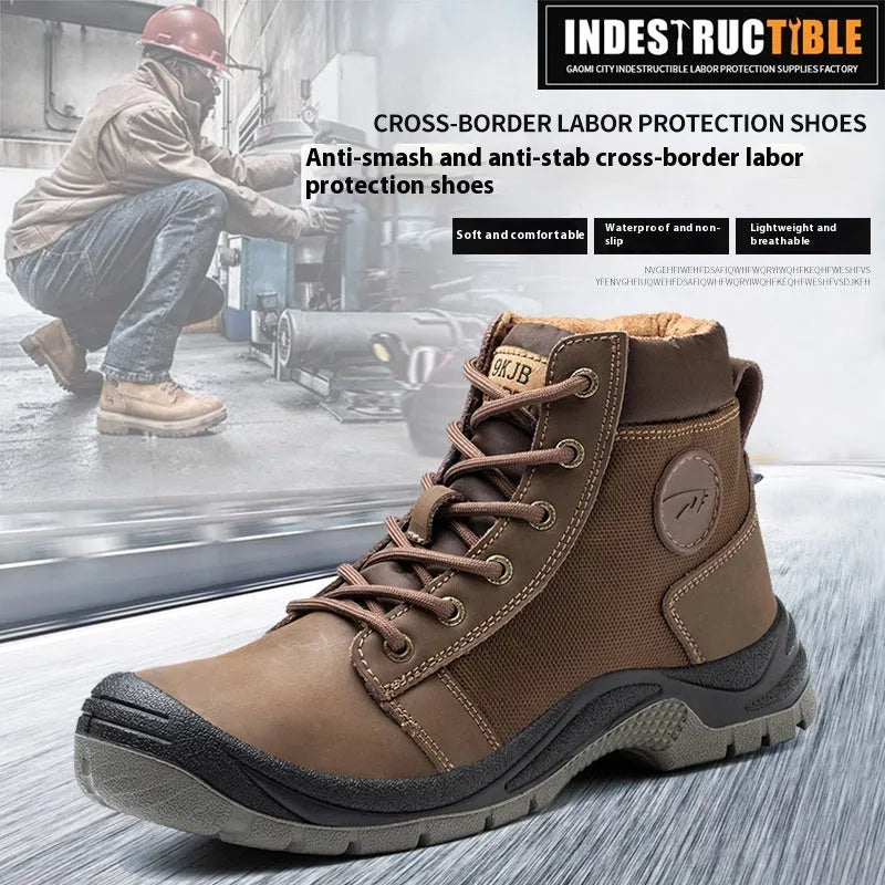 Orange lightweight leather safety work shoes with rubber sole for anti-smash and puncture protection