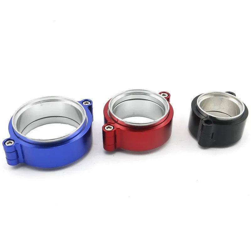 Aluminium fixed movement clamp for turbo exhaust downspouts in black, shown next to a 2.5inch and 3inch size comparison.