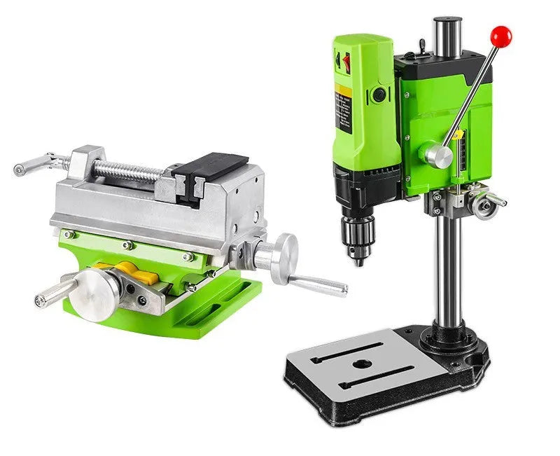 Mini bench drill and milling machine with heavy-duty bench pliers on a workbench.