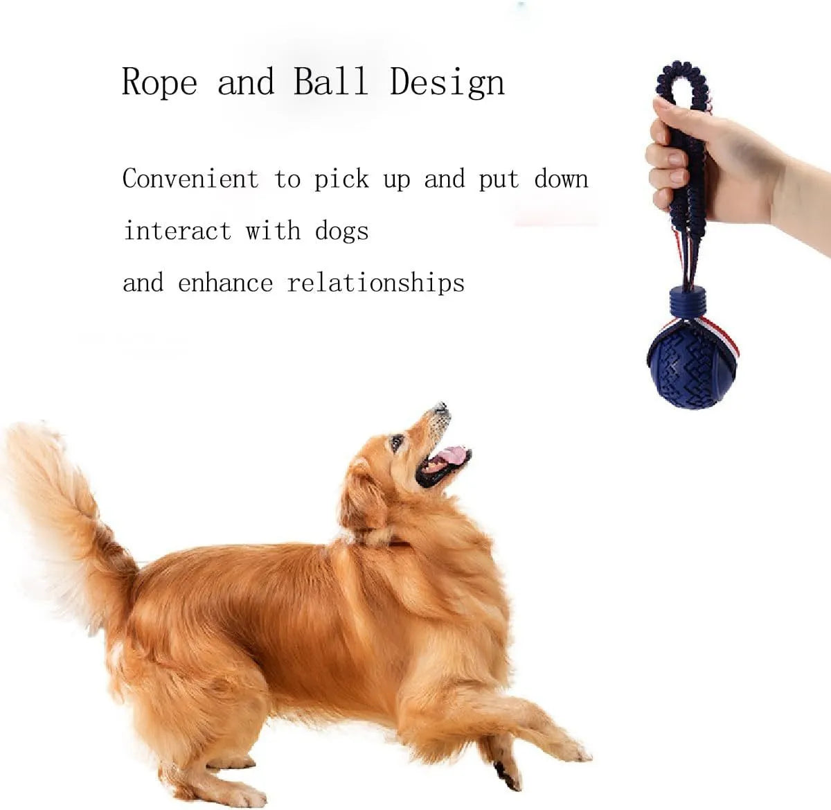 Blue dog ball with rope toy showing textured rubber surface and rope handle for tug-of-war games