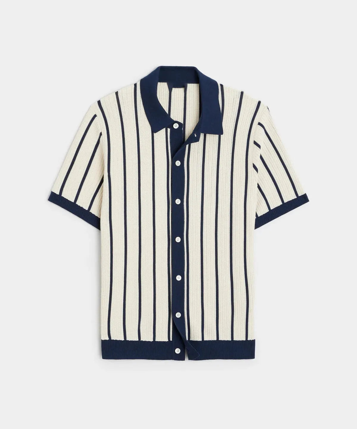 Men's white short sleeve knitted top with lapel neckline and asymmetrical British style design