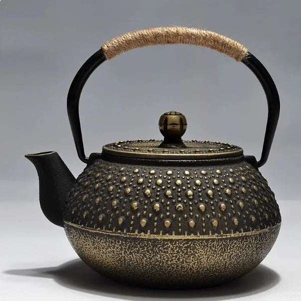 Japanese style cast iron teapot with traditional patterns and 0.9 litre capacity