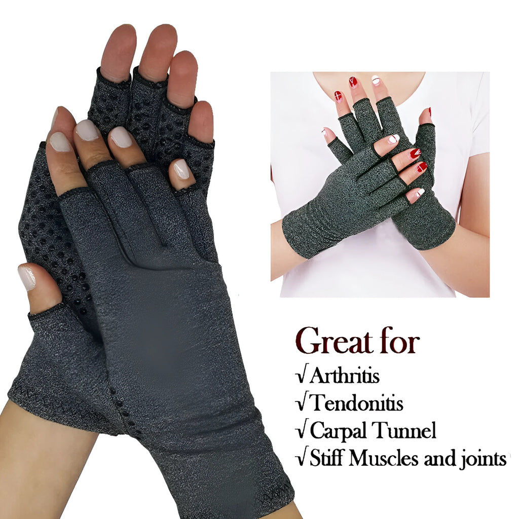 Grey half-finger joint compression gloves showing the palm and wrist coverage.