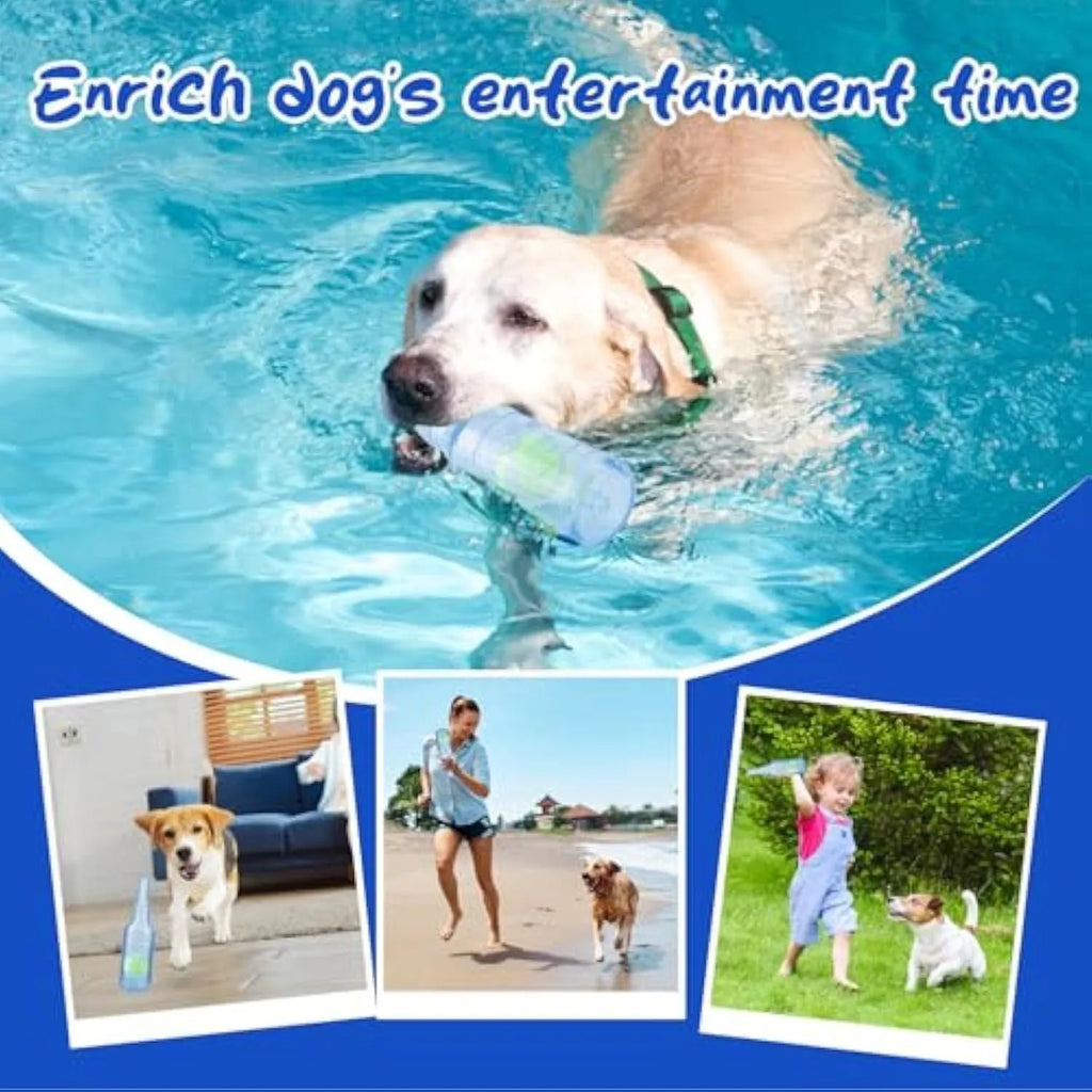 Blue natural rubber dog toy shaped like a water bottle with a squeaker tail.