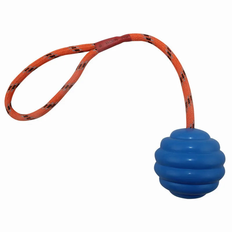Multi-coloured rubber dog chew ball with rope knots measuring 6x30cm