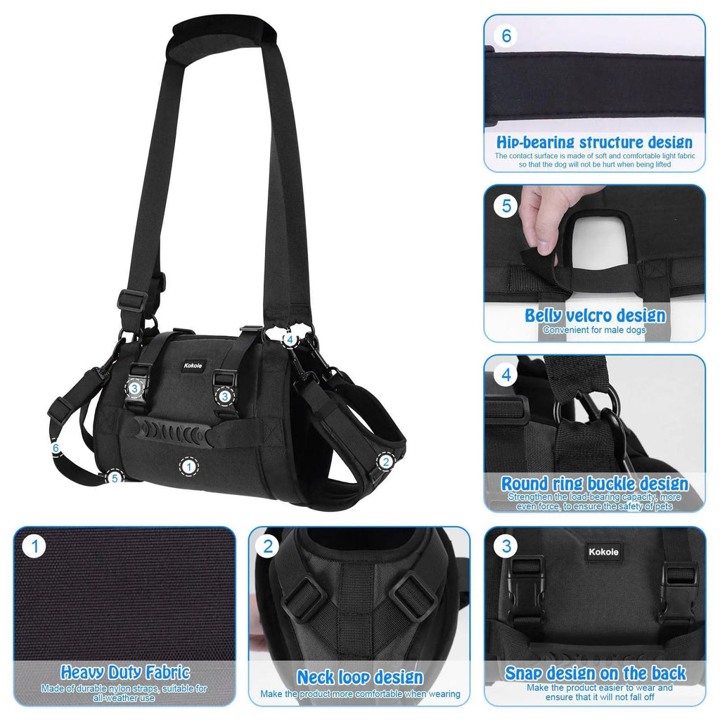 Black adjustable dog harness with leg straps made from Oxford cloth, shown on size chart L, M, XL, XXL.