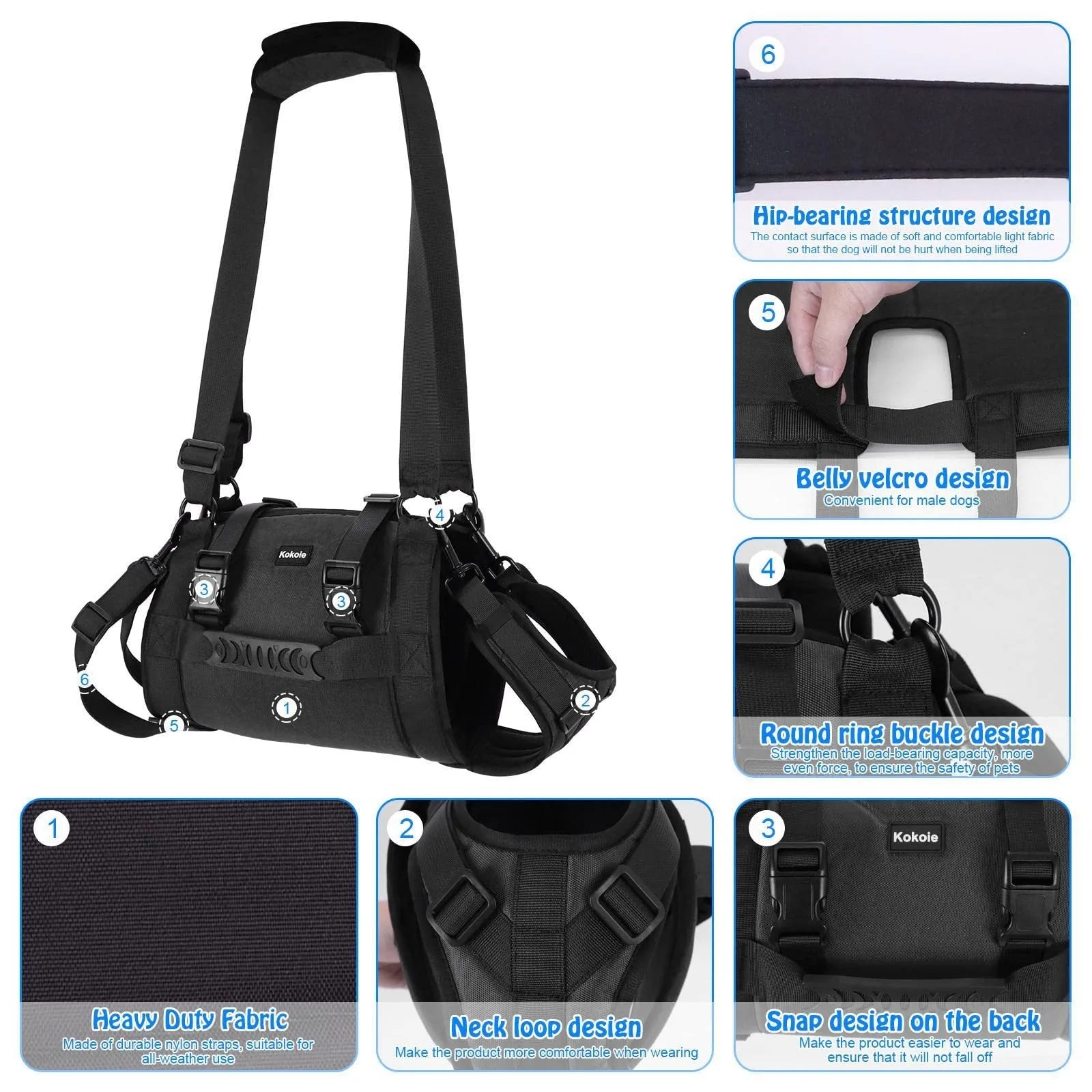 Black adjustable dog harness with leg straps made from Oxford cloth, shown on size chart L, M, XL, XXL.
