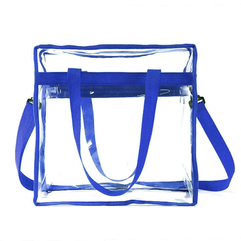 Transparent PVC women's messenger bag with crossbody straps showing seven colour options including navy blue, black, red and white