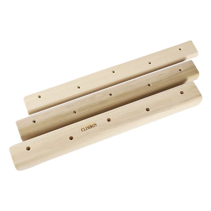 Set of three solid wooden grip training fingerboards in 12cm, 40cm, and 50cm lengths on a white background.