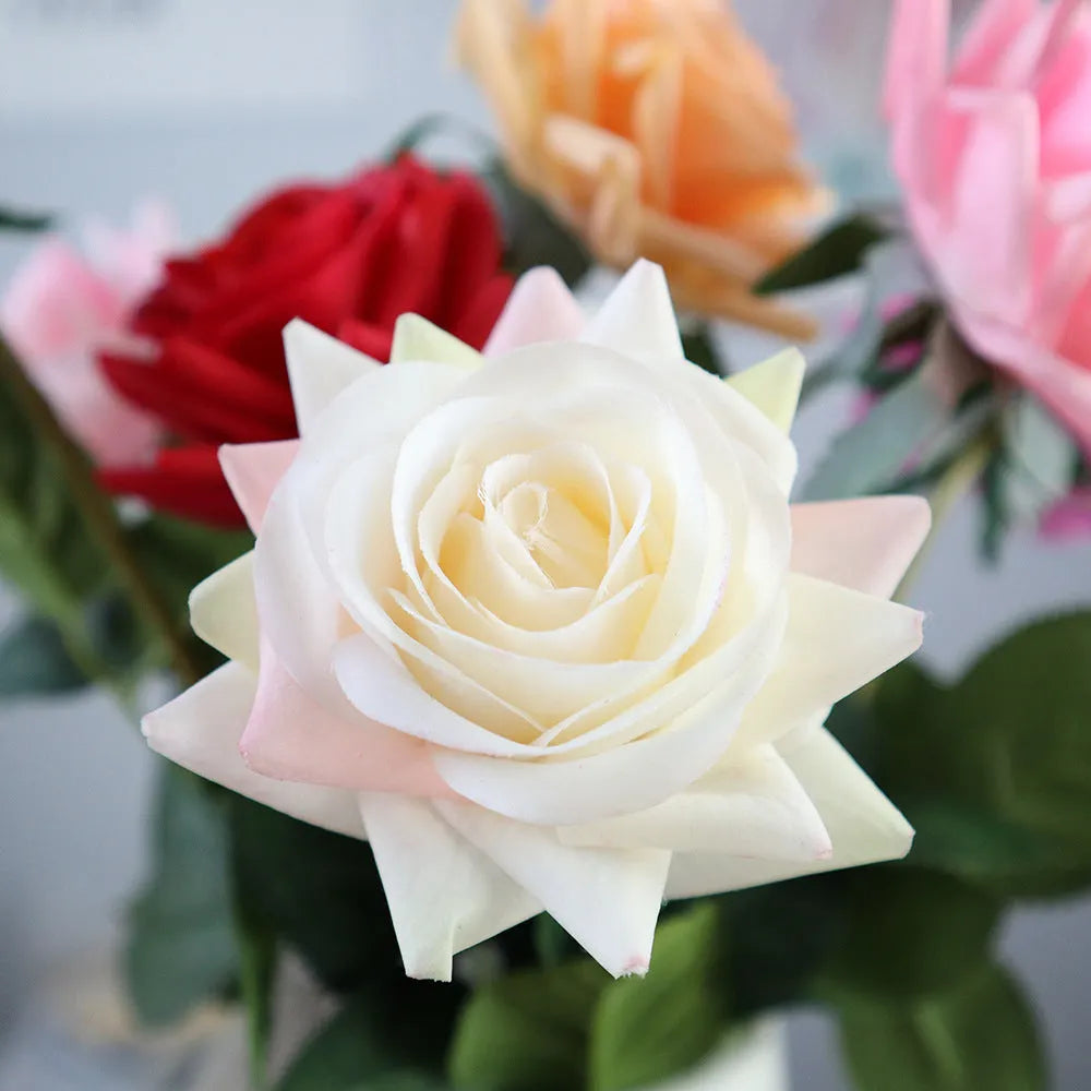 Artificial silk rose flower with red petals and green plastic stem measuring approximately 42cm long