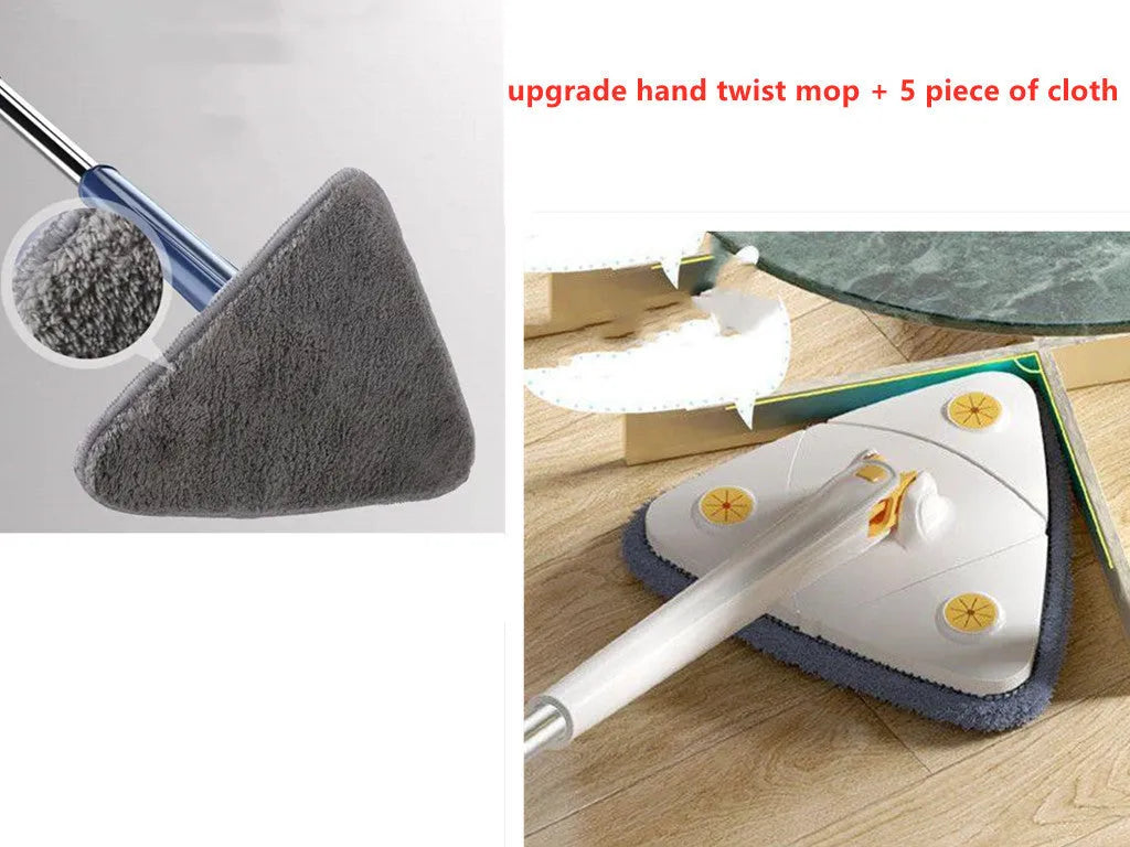 Extendable triangle mop with rotating blue head and stainless steel pole for cleaning corners and walls