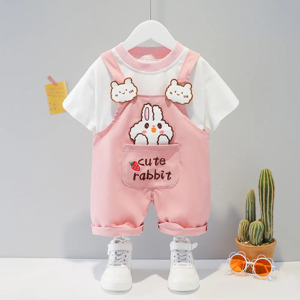Yellow cartoon print baby overalls with adjustable straps, short sleeves, and an openable front.