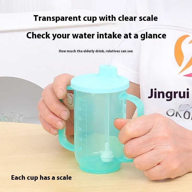 Oblique mouth choke-proof drinking cup for adults with handle and lid, shown with optional wrist splint.