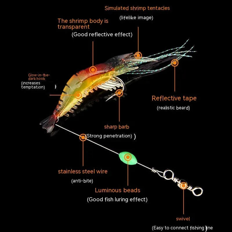 Luer soft fishing lure with integrated hook showing colour variations including black head yellow body and luminous options