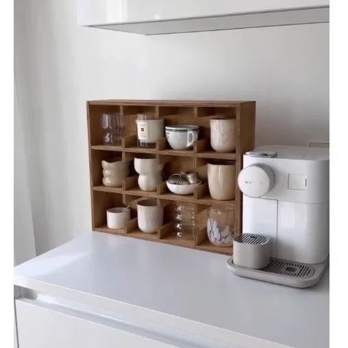 Square birch wood storage rack with multiple grid compartments for cup organisation in meridian colour finish