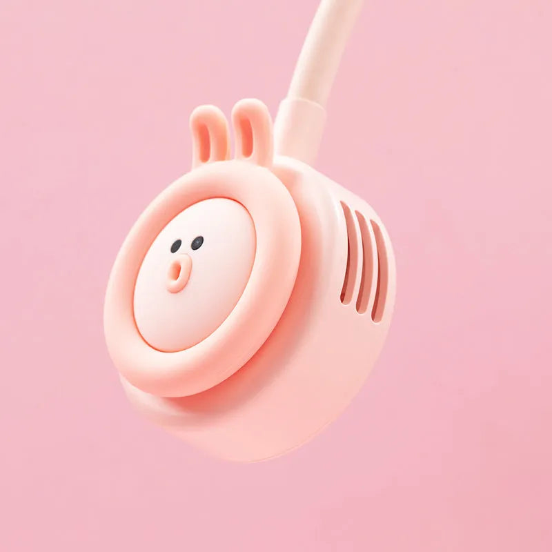 Pink folding hanging neck fan with leafless design and USB charging port