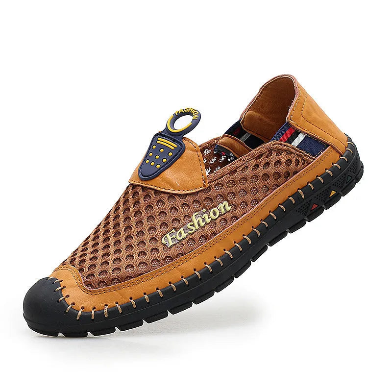 Men's brown casual shoes with mesh fabric upper and rubber sole