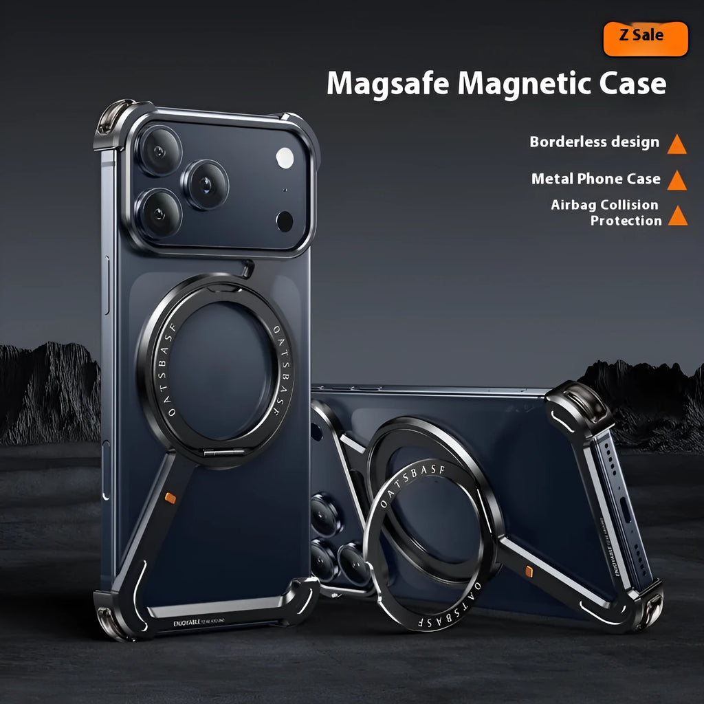 Black metal phone case for iPhone 17 Pro Max with a built-in magnetic bracket.