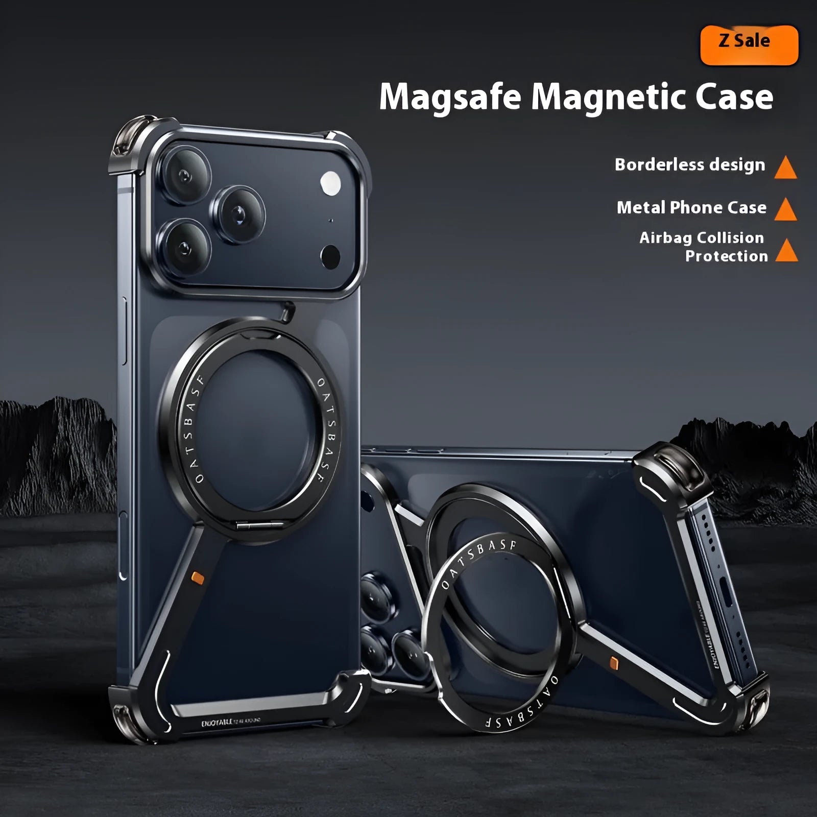 Black metal phone case for iPhone 17 Pro Max with a built-in magnetic bracket.