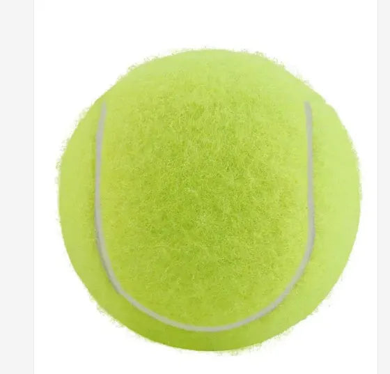Rubber dog tennis ball toy in bright colours showing 6.3cm diameter size