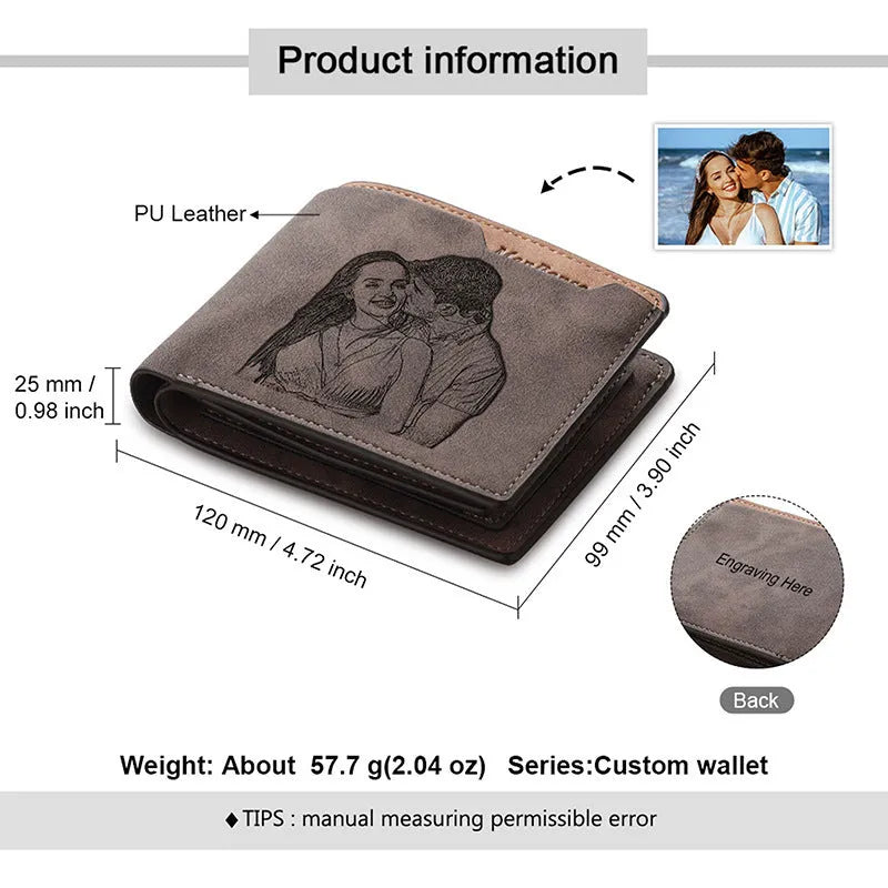 Coffee-colour engraved horizontal short wallet made from PU leather showing personalisation space.