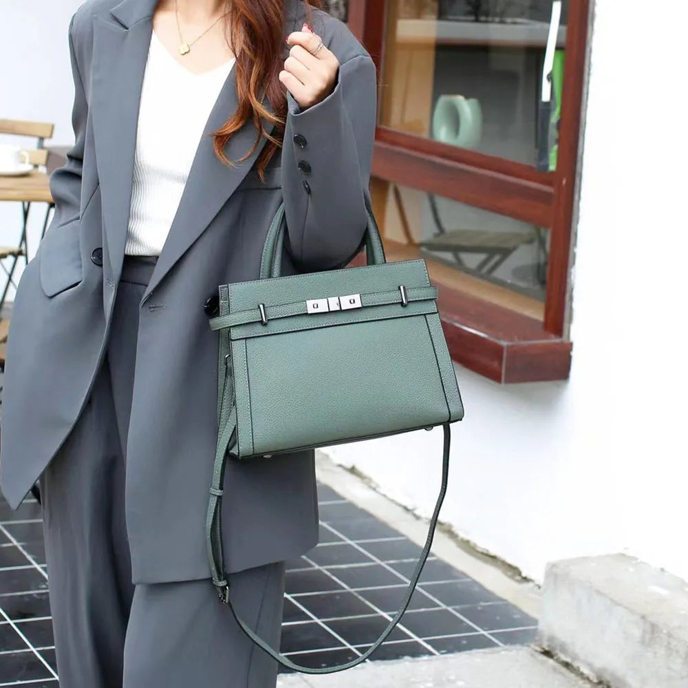 Small square genuine leather shoulder bag with zip compartments in almond green colour