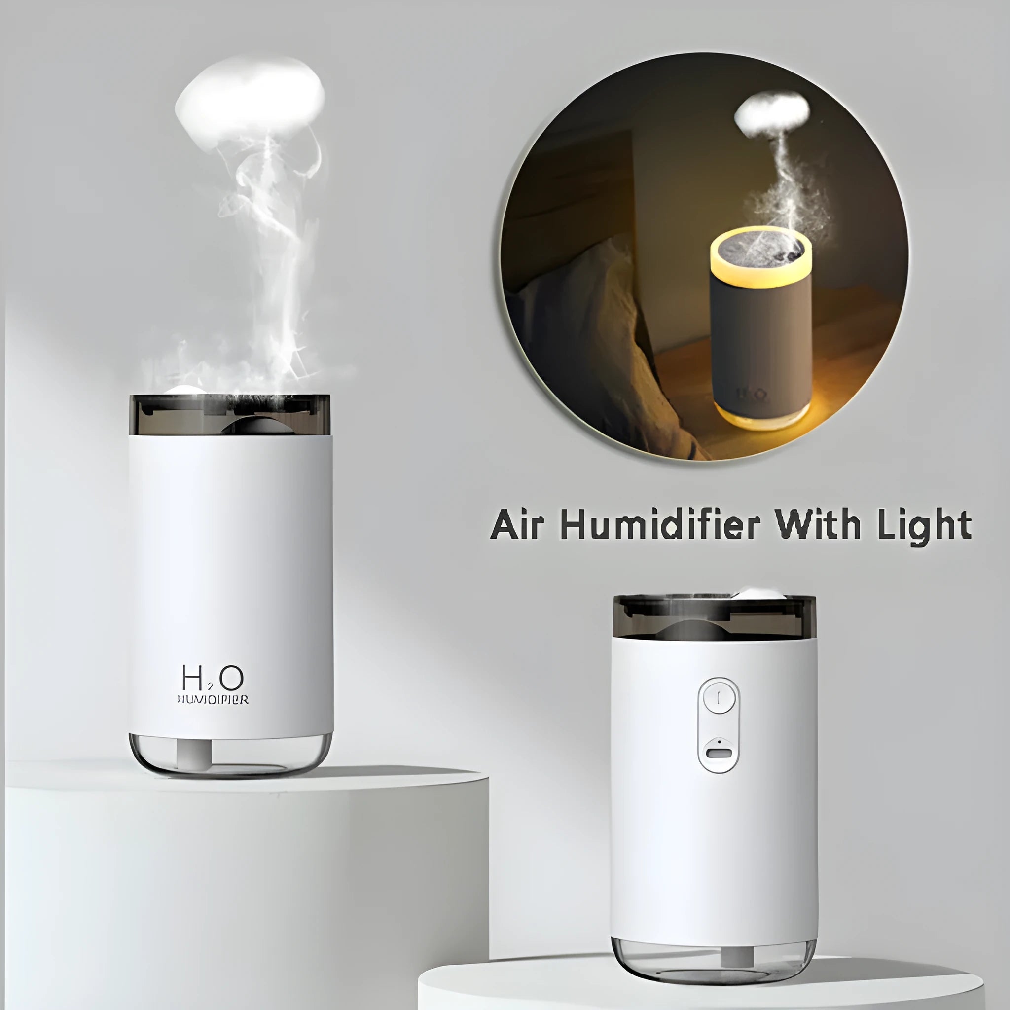 Jellyfish-shaped humidifier producing smoke ring mist with warm night light illumination