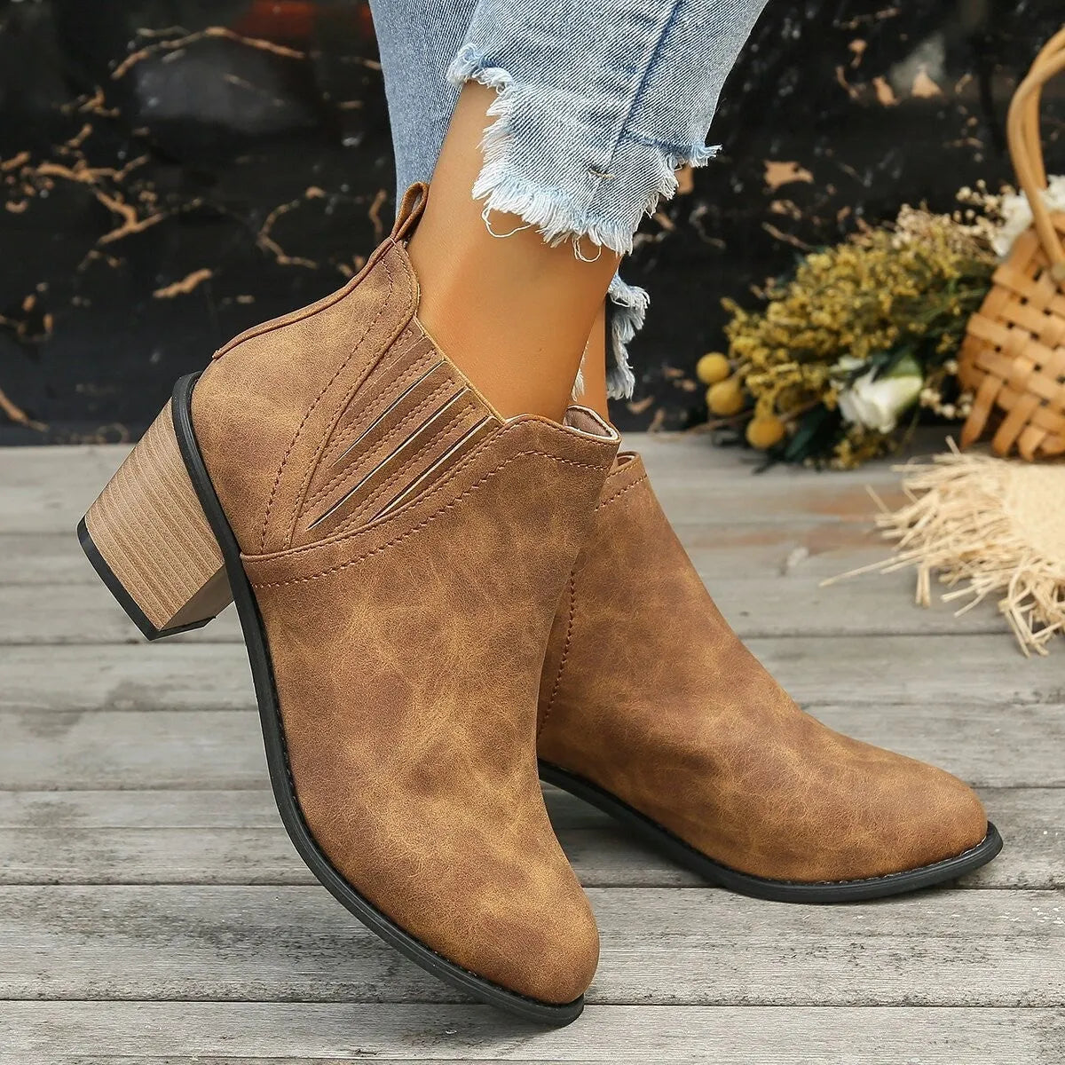 Women's black ankle boots with pointed toe and thick square heel design for autumn winter wear
