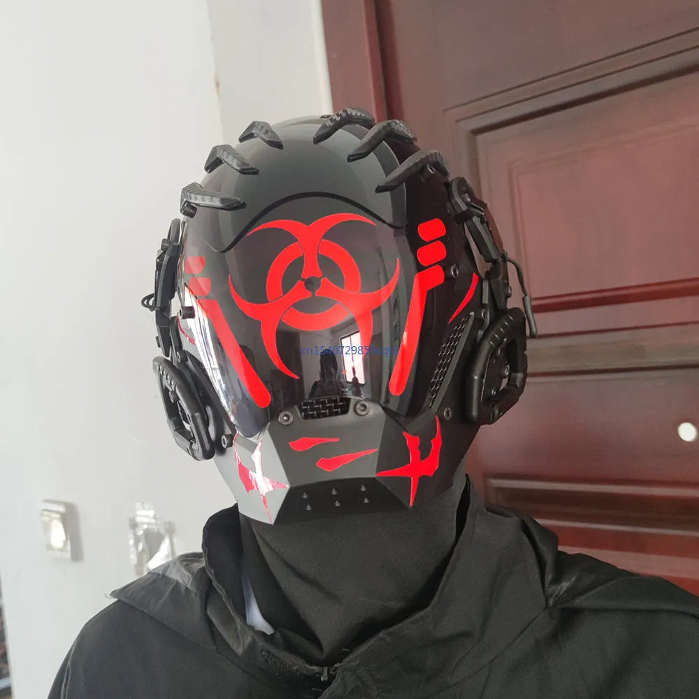 Black full face prop mask with bioweapon tech design for costume events