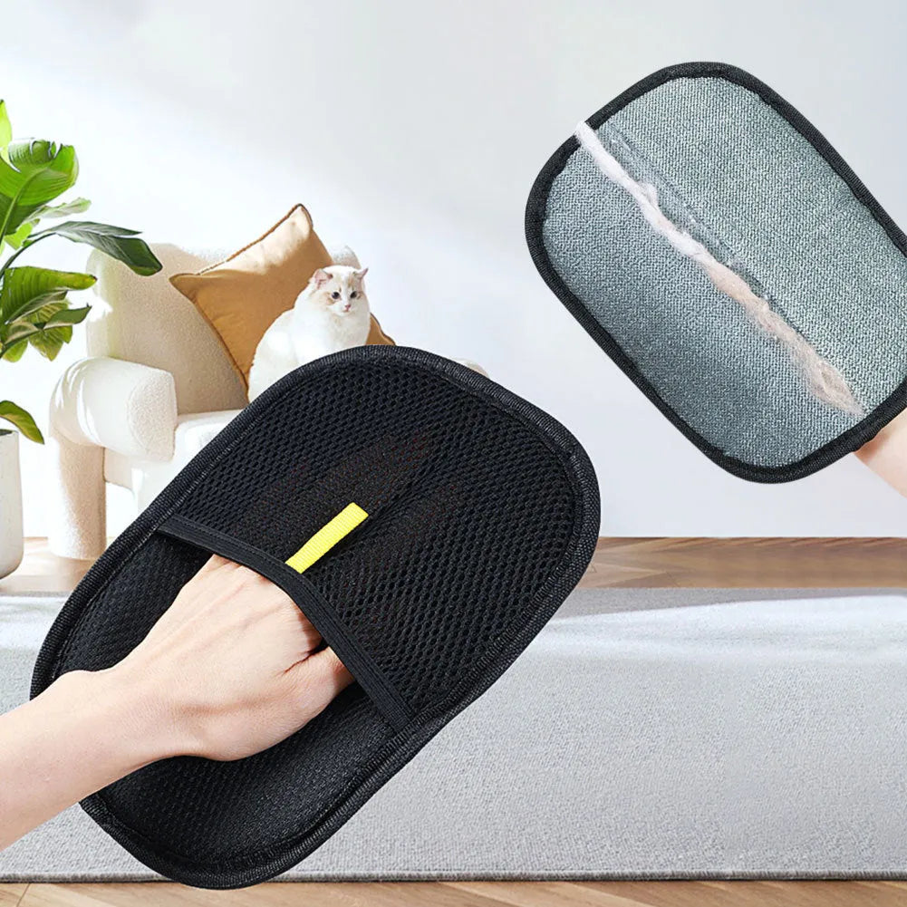 Black pet hair remover mitt with silicone bristles for dog and cat grooming