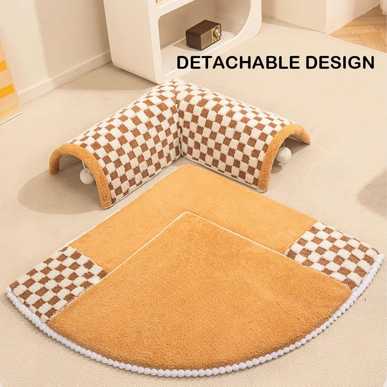 Large fan-shaped plush pet bed with attached tunnel in coffee colour on a wooden floor