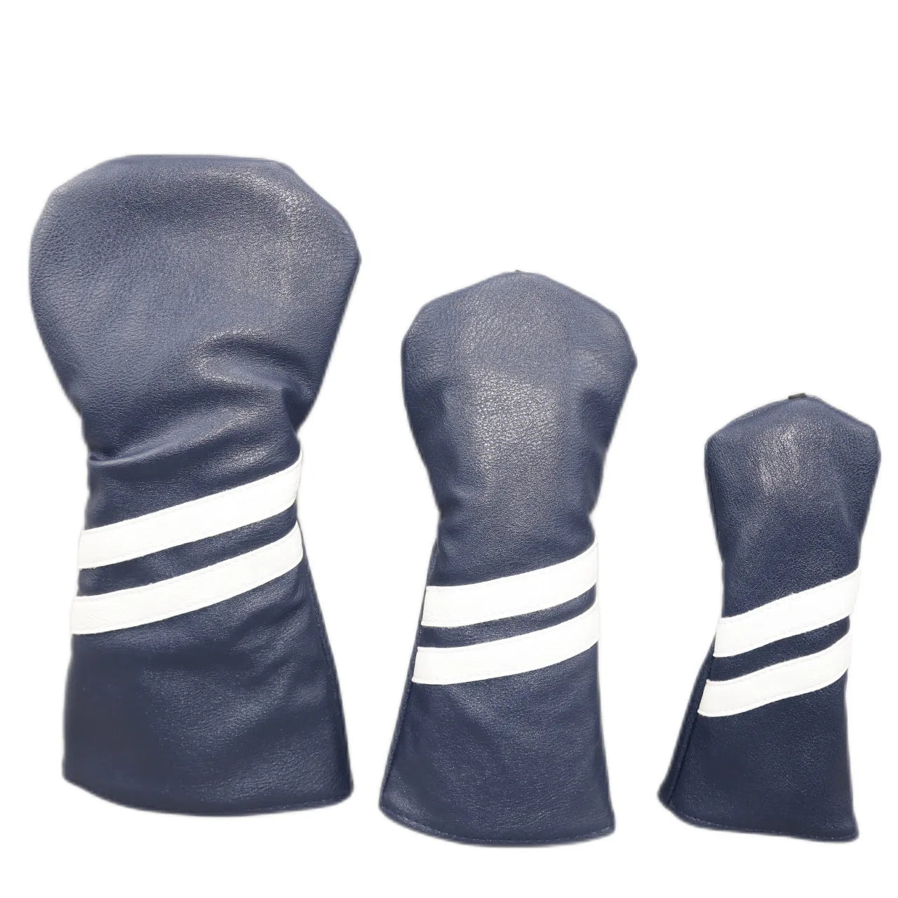 Striped golf club head cover in multiple colours showing three size options for wood rod protection