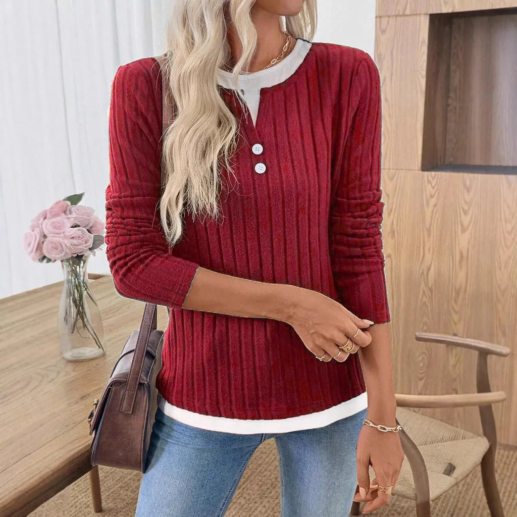 Women's fake two-piece round neck pullover sweater with button details in concave stripe polyester fabric