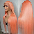 Light orange long straight front lace synthetic wig on display stand showing natural hairline