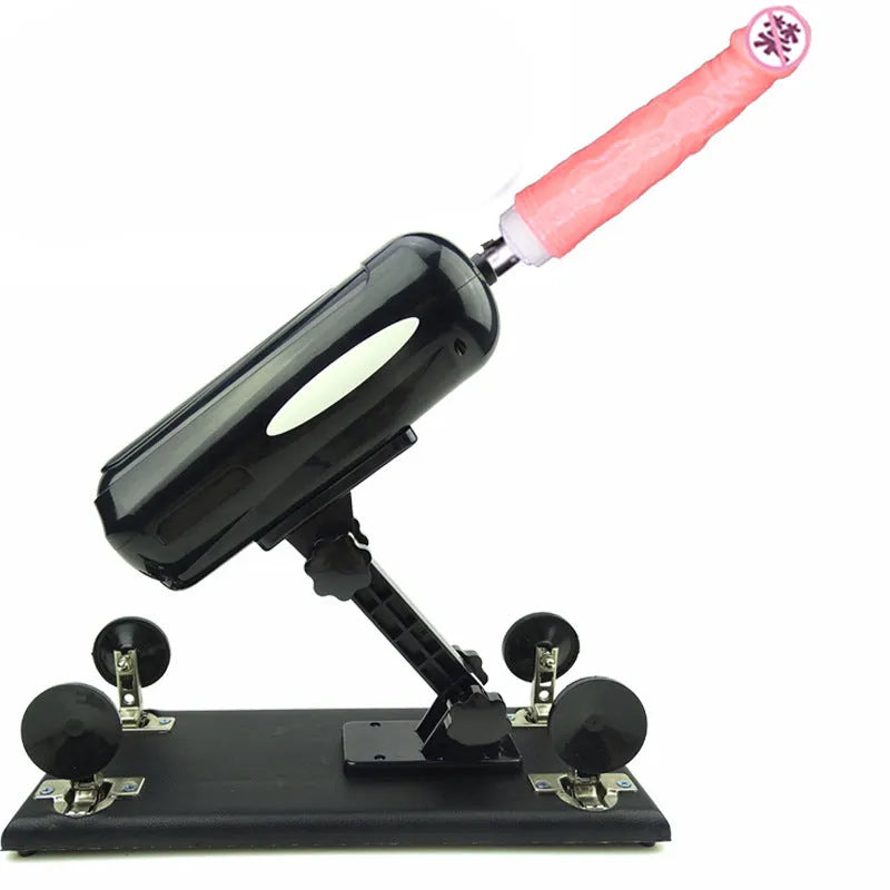 Purple automatic telescopic thrusting sex toy for women on a plain background.