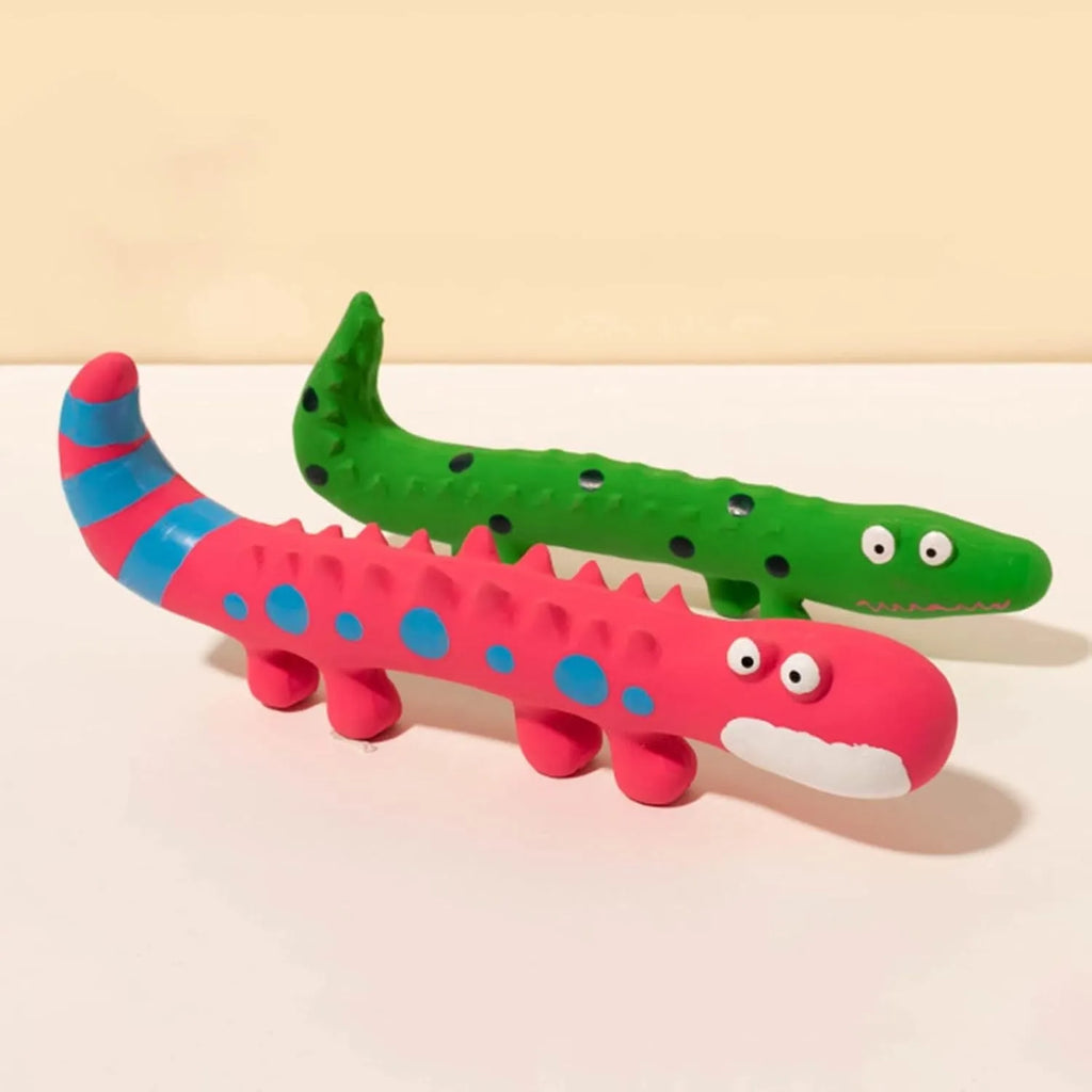 Green cartoon lizard-shaped dog chew toy with squeaker for aggressive chewers.