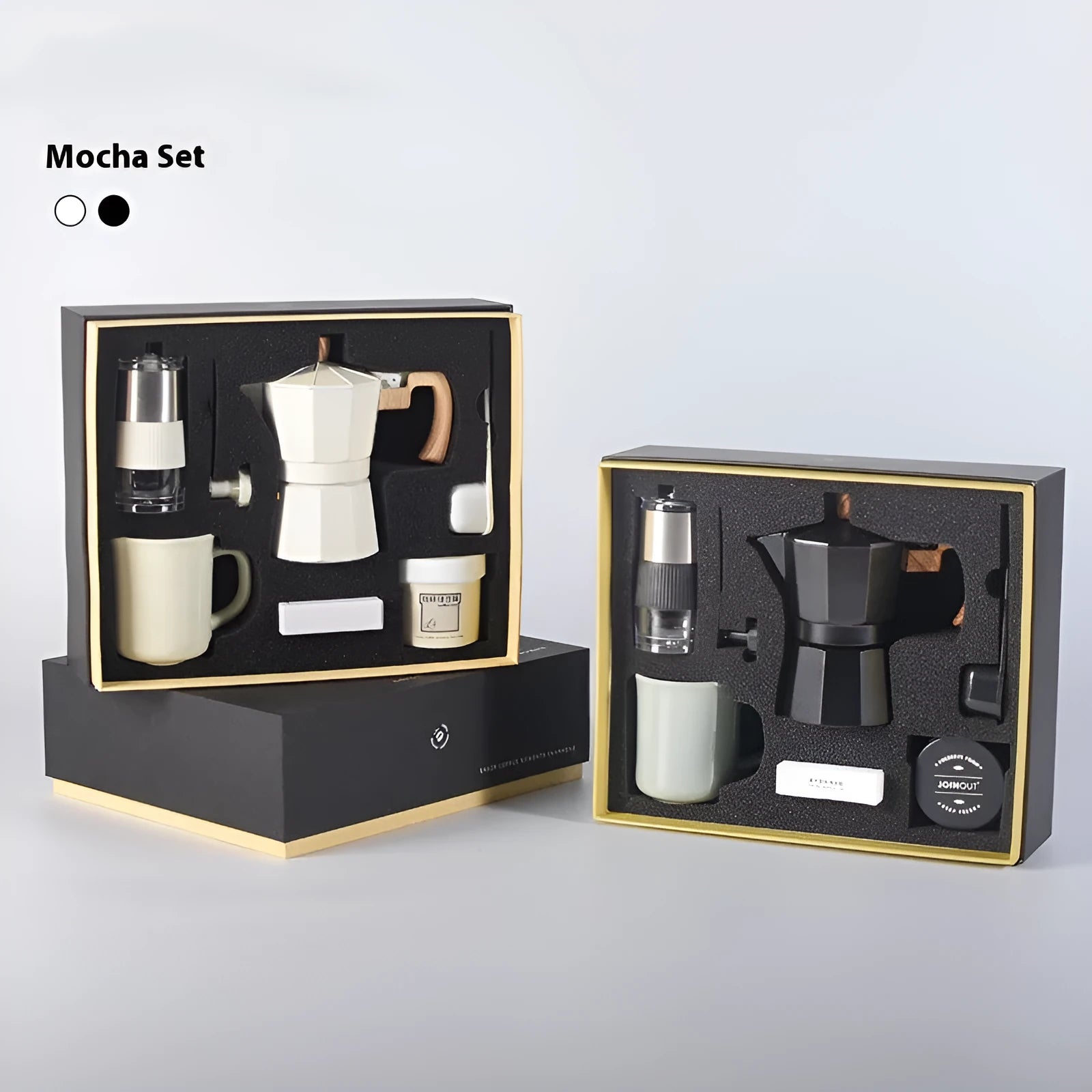 Six-piece manual grinding machine set in beige and black with moka pot, cup, bean jar, and accessories