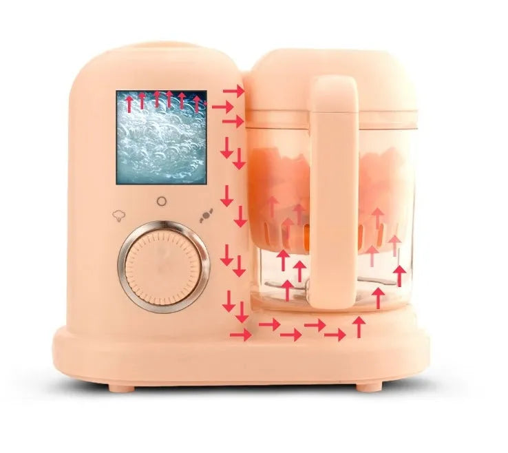Green and pink baby food processor with steamer and blender functions, showing double mixing blades.