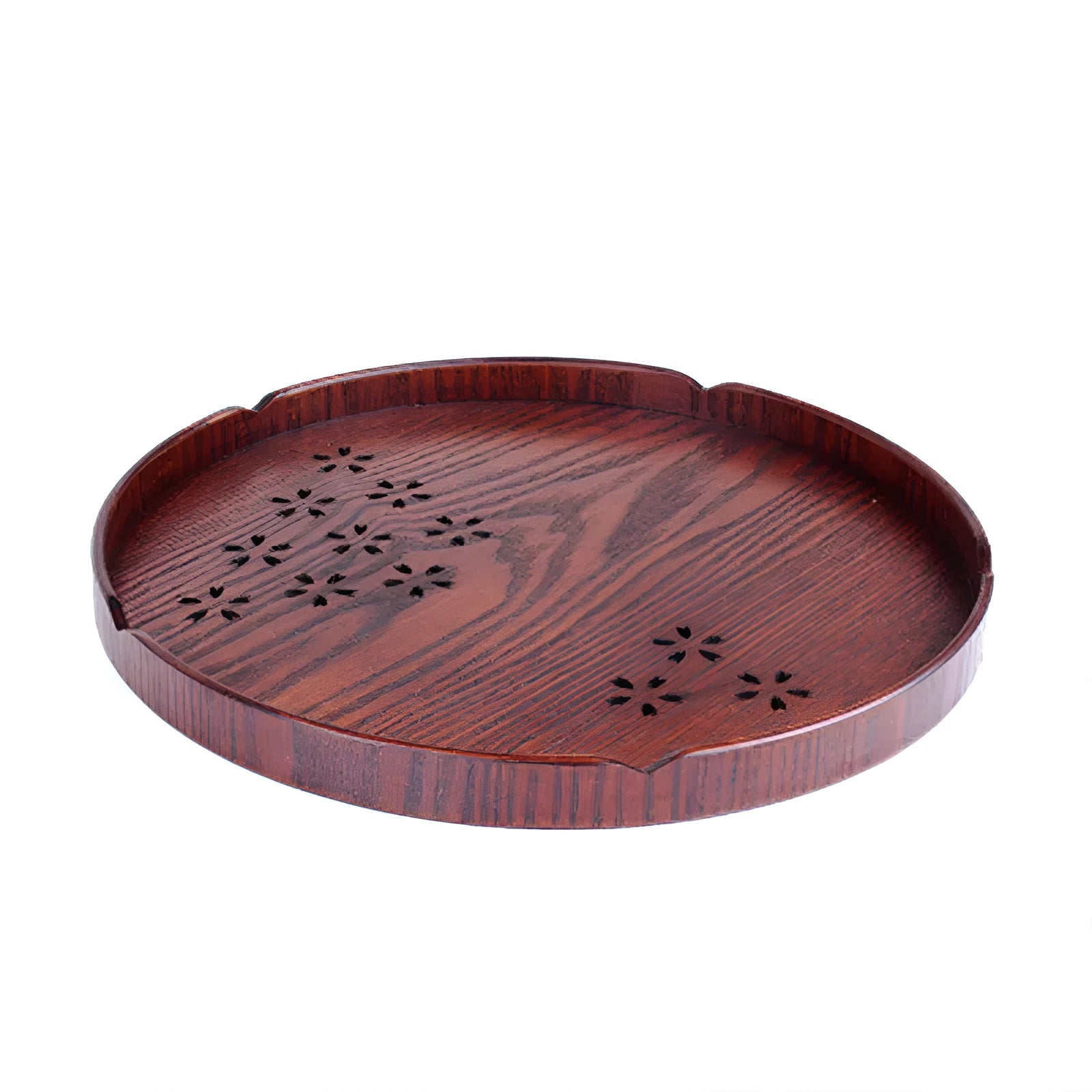 Wooden plate with hollow sakura cherry blossom pattern, 30 cm diameter shallow serving tray
