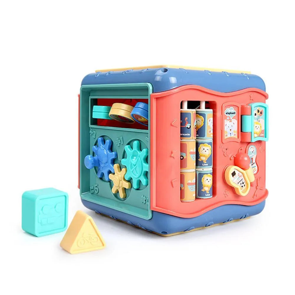 Six-sided baby educational toy with bead maze, gears, clock, and shape recognition activities