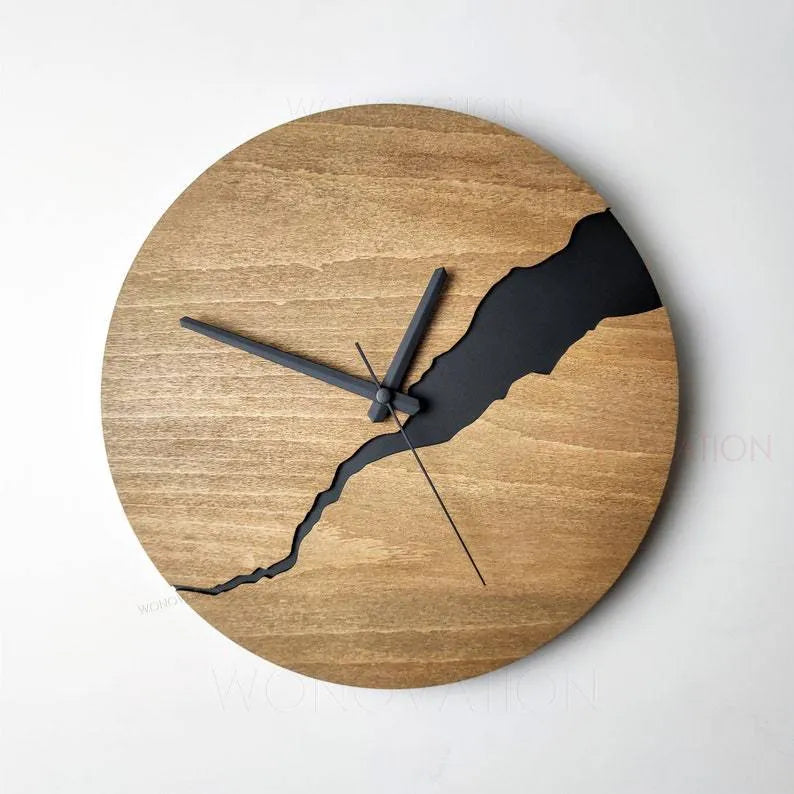 Modern wooden wall clock with cracked finish design showing five style variations