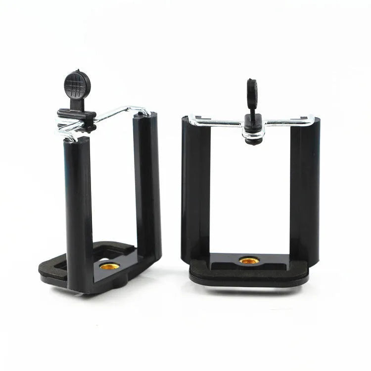 Black plastic U-shaped clip holder for mounting a mobile phone on a pipe or rail.