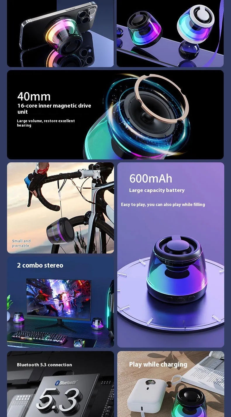 Small round portable wireless Bluetooth speaker with mood lighting in black or white colour, showing magnetic base.