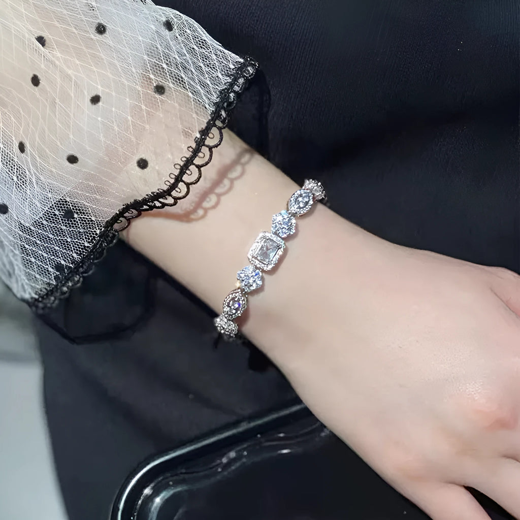 Women's geometric diamond bracelet with sterling silver and white gold plating
