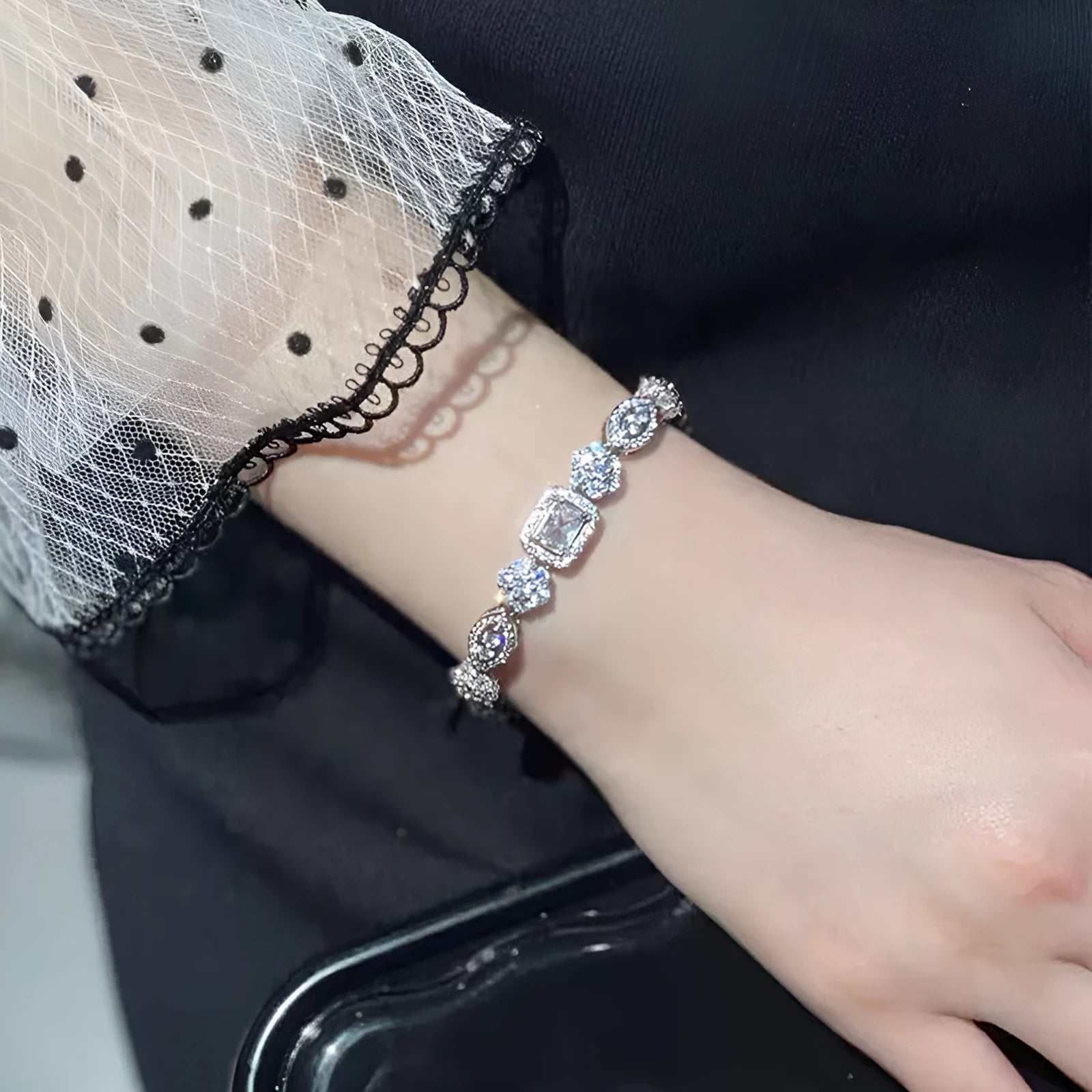 Women's geometric diamond bracelet with sterling silver and white gold plating