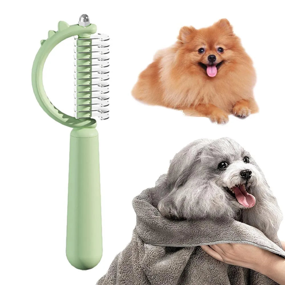 Blue dinosaur-shaped cat brush with double-sided grooming heads and self-cleaning button