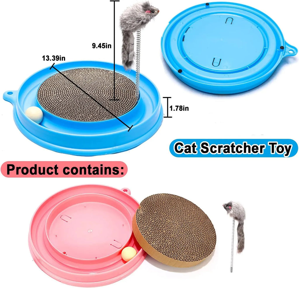 Blue cat scratching pad with circular ball track and replaceable cardboard centre for feline scratching and play